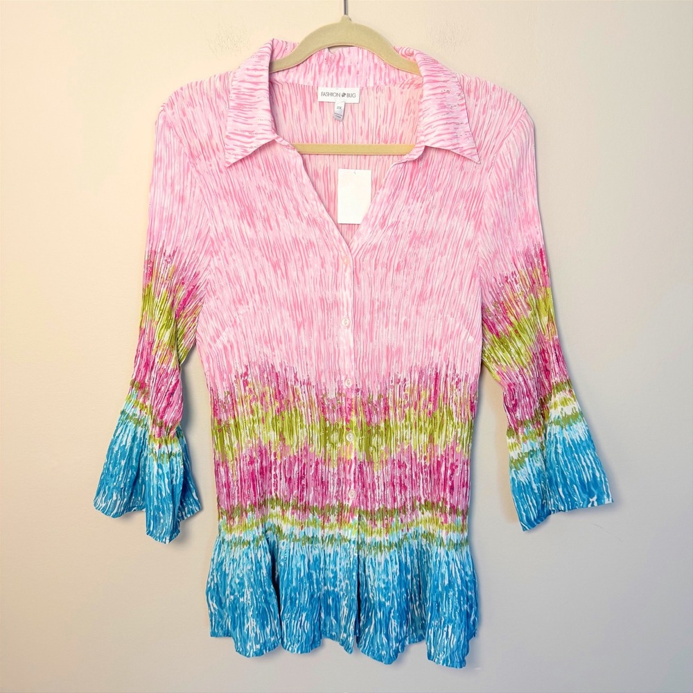 NWT Fashion Bug y2K Colorful 3/4 Sleeve Button Down Blouse Shiny Size 2XL